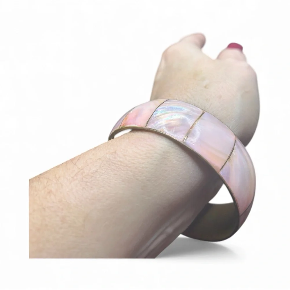 Vintage Brass Inlay Pink Mother of Pearl Bracelet